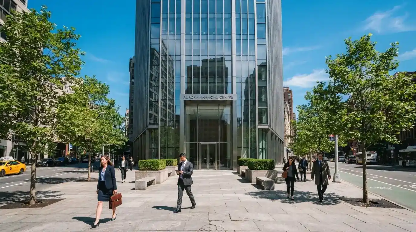 Edificio de oficinas moderno con fachada de cristal bajo un cielo despejado, gente caminando por la acera en una calle de ciudad.