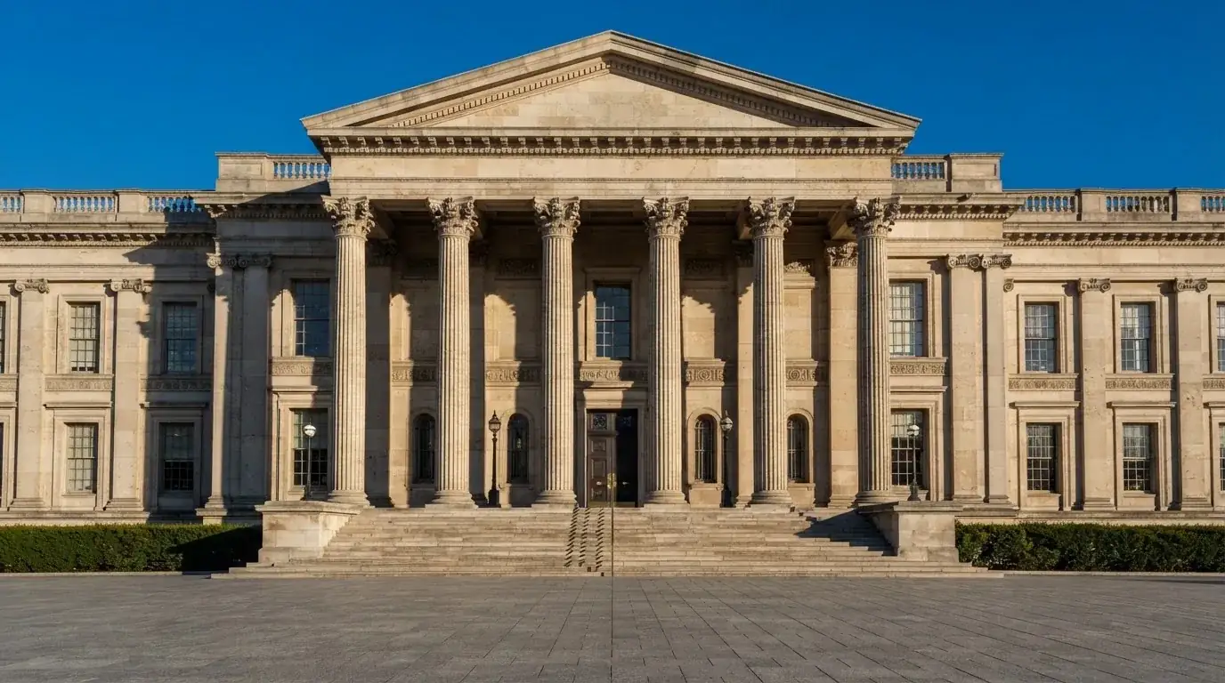Fachada de un edificio institucional con columnas de piedra bajo un cielo azul despejado, sin ninguna persona visible.
