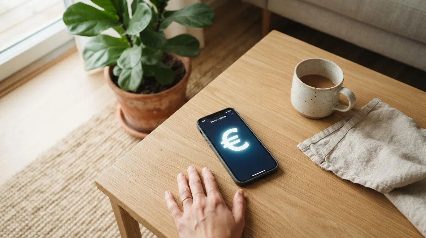 Mano sostiene un teléfono móvil mostrando una pantalla de inicio genérica sobre una mesa de café con una planta al fondo.