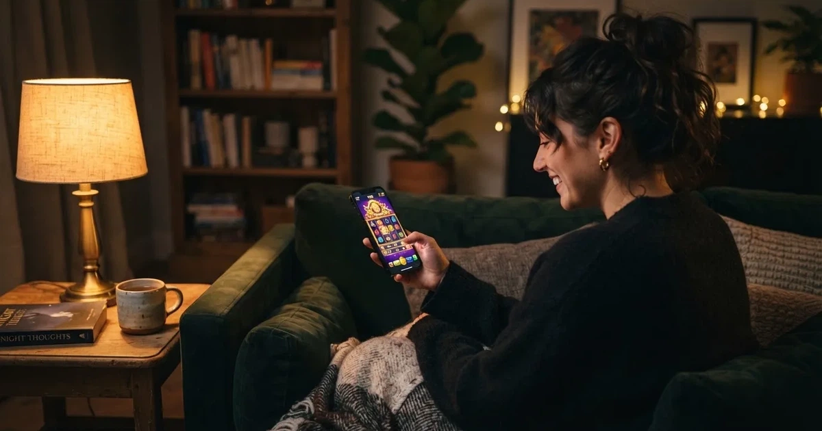 Persona sonriente sostiene un teléfono móvil en un sofá de salón acogedor por la noche, con una lámpara de mesa encendida.