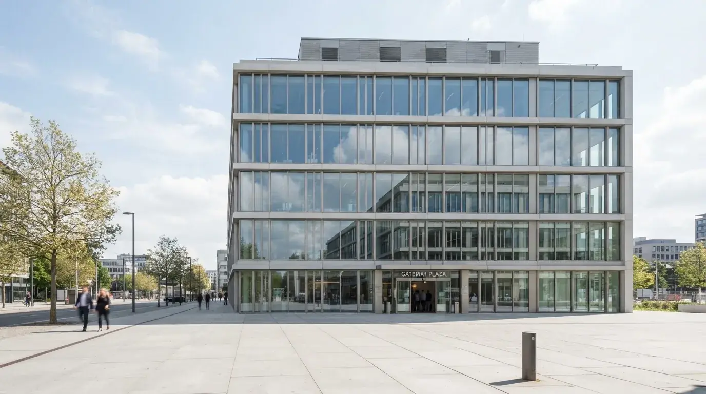 Edificio moderno de oficinas con grandes ventanales de cristal reflejando el cielo, visto desde una calle peatonal.