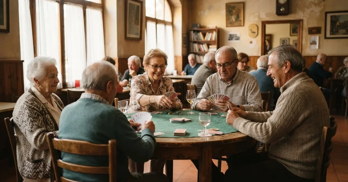Grupo de personas mayores juega a las cartas alrededor de una mesa redonda en un salón comunitario iluminado.