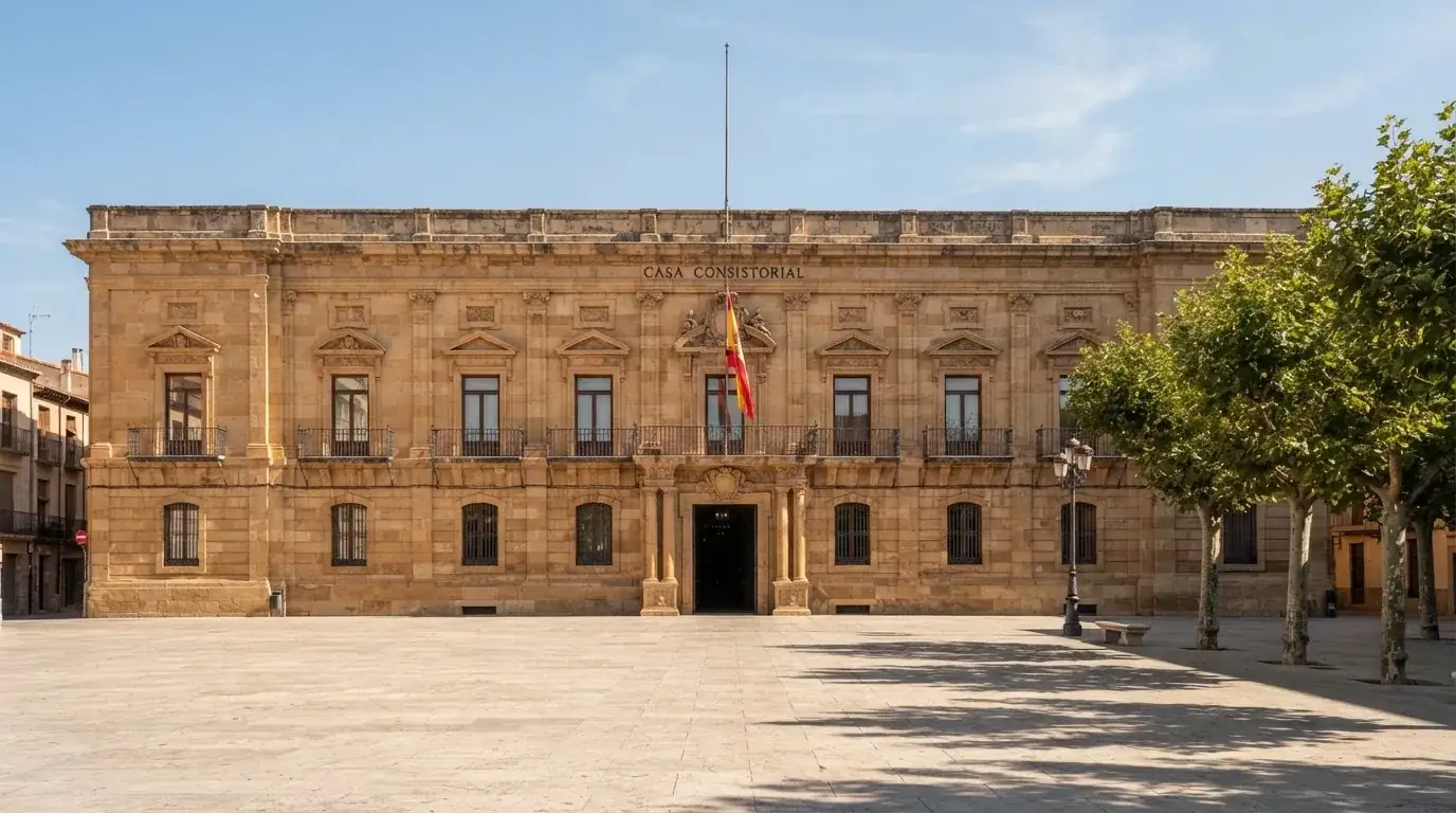Fachada clásica de un edificio administrativo con una bandera ondeando y una plaza vacía al frente.