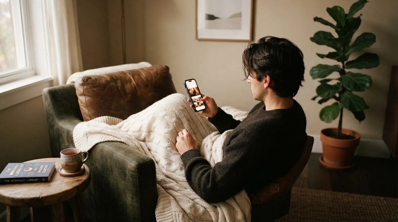 Persona sentada en un sillón cómodo consultando un teléfono móvil con una manta sobre las piernas en una sala tranquila.