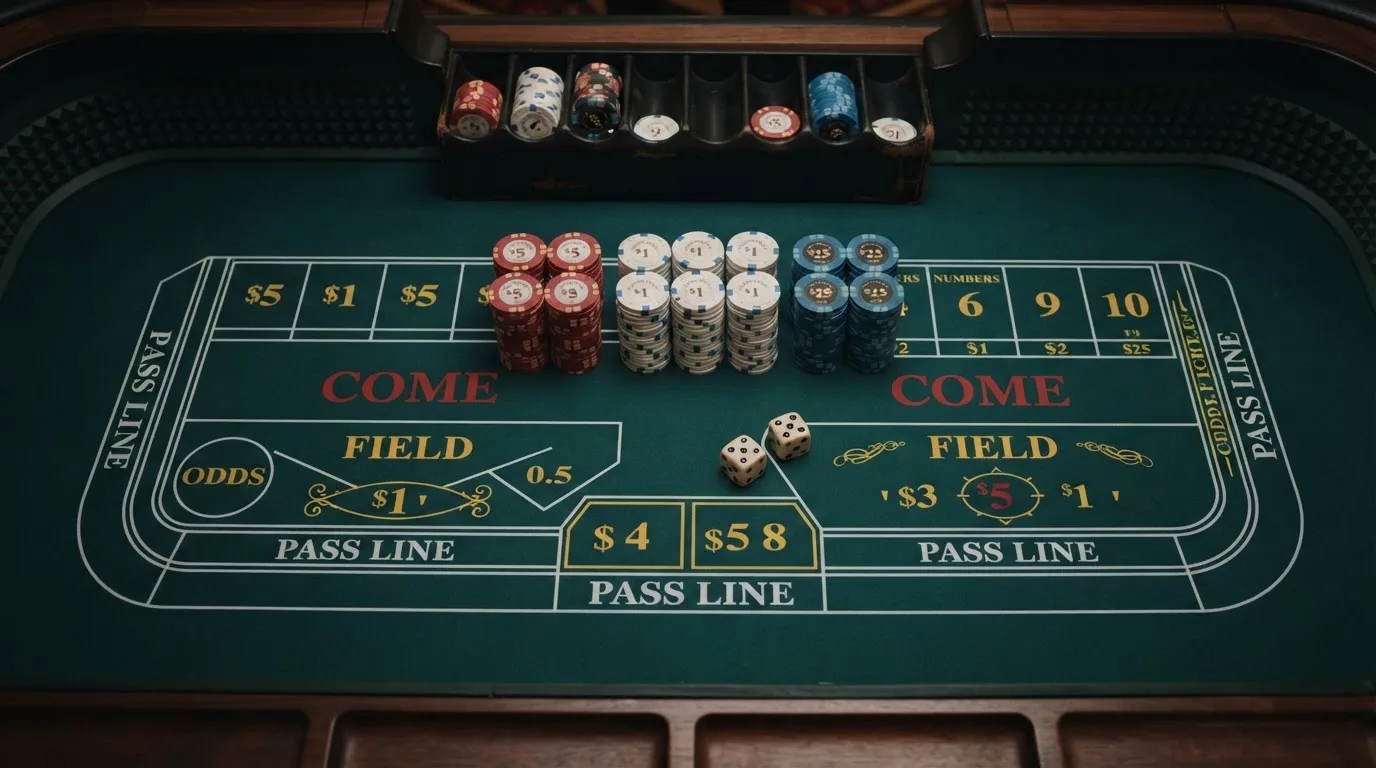 Vista cenital de fichas de casino y dados sobre una mesa de fieltro verde bajo luz suave.