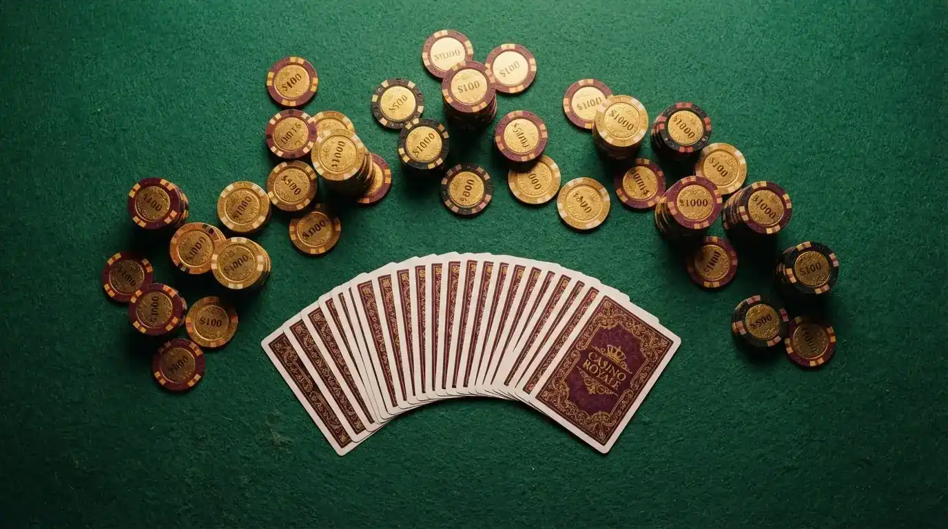 Vista cenital de fichas doradas y una baraja de cartas sobre una mesa de fieltro verde.