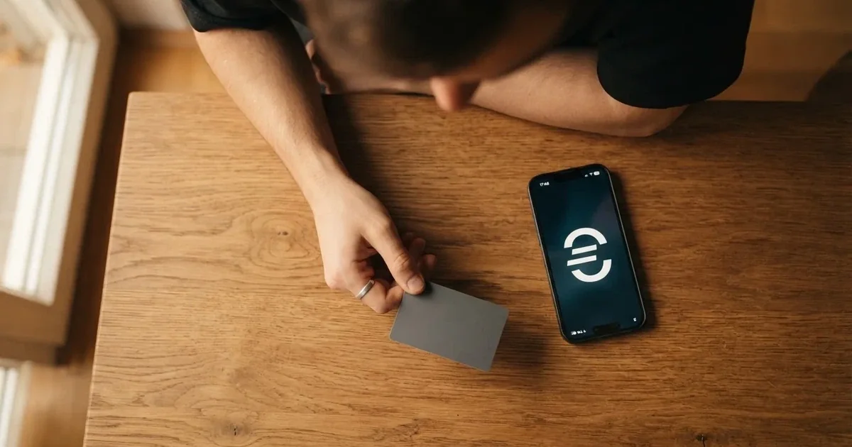 Persona sujetando una tarjeta bancaria frente a un teléfono móvil sobre una mesa de madera.