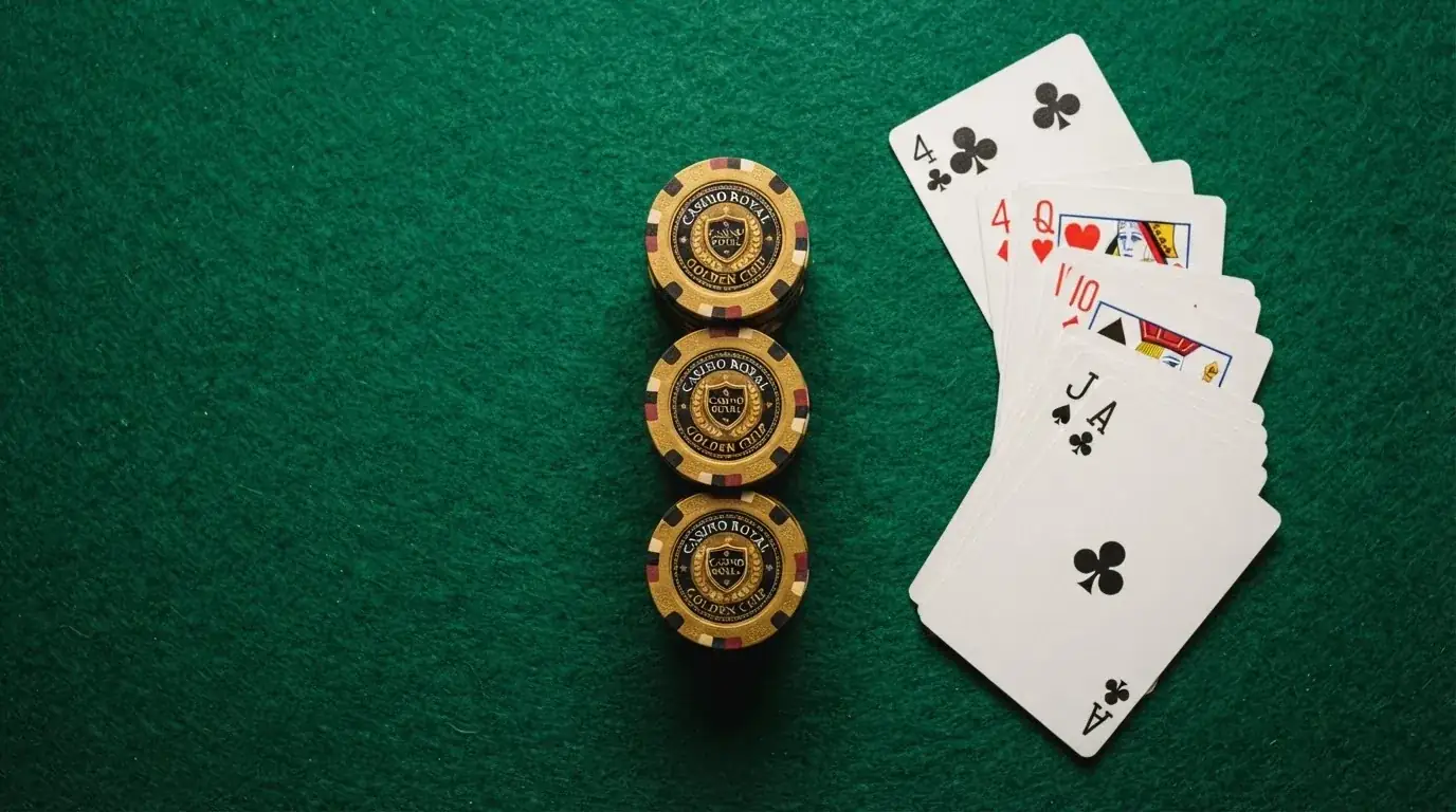Vista cenital de fichas doradas y una baraja de cartas sobre una mesa de fieltro verde.