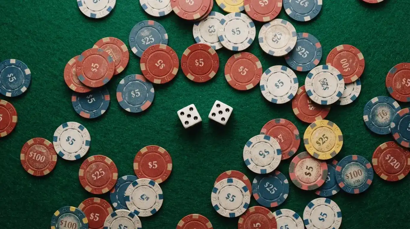 Vista cenital de fichas de casino y dados sobre una mesa de fieltro verde bajo luz suave.