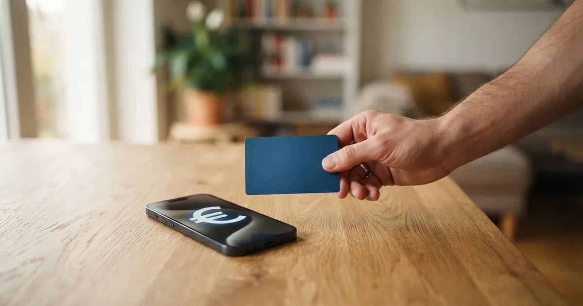 Persona sujetando una tarjeta bancaria junto a un teléfono móvil sobre una mesa de madera clara.
