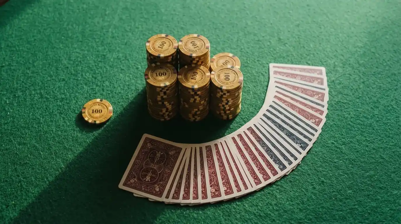 Vista cenital de fichas doradas y una baraja de cartas sobre una mesa de fieltro verde.