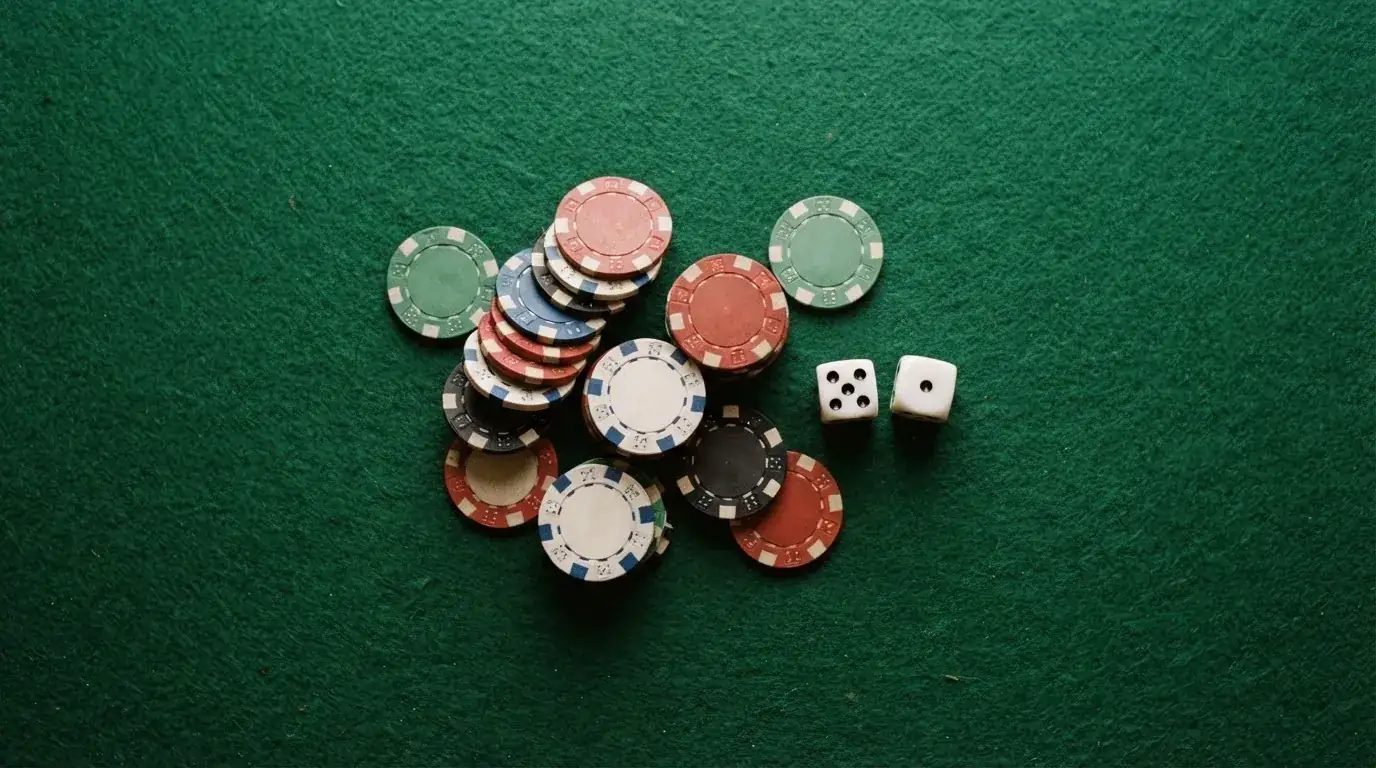 Vista cenital de fichas de casino y dados sobre una mesa de fieltro verde bajo luz suave.