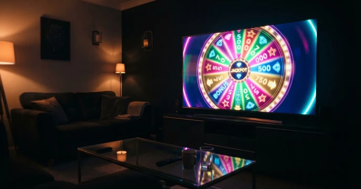 Una pantalla de televisor en un salón moderno muestra una rueda giratoria de colores brillantes bajo luces de neón por la noche.
