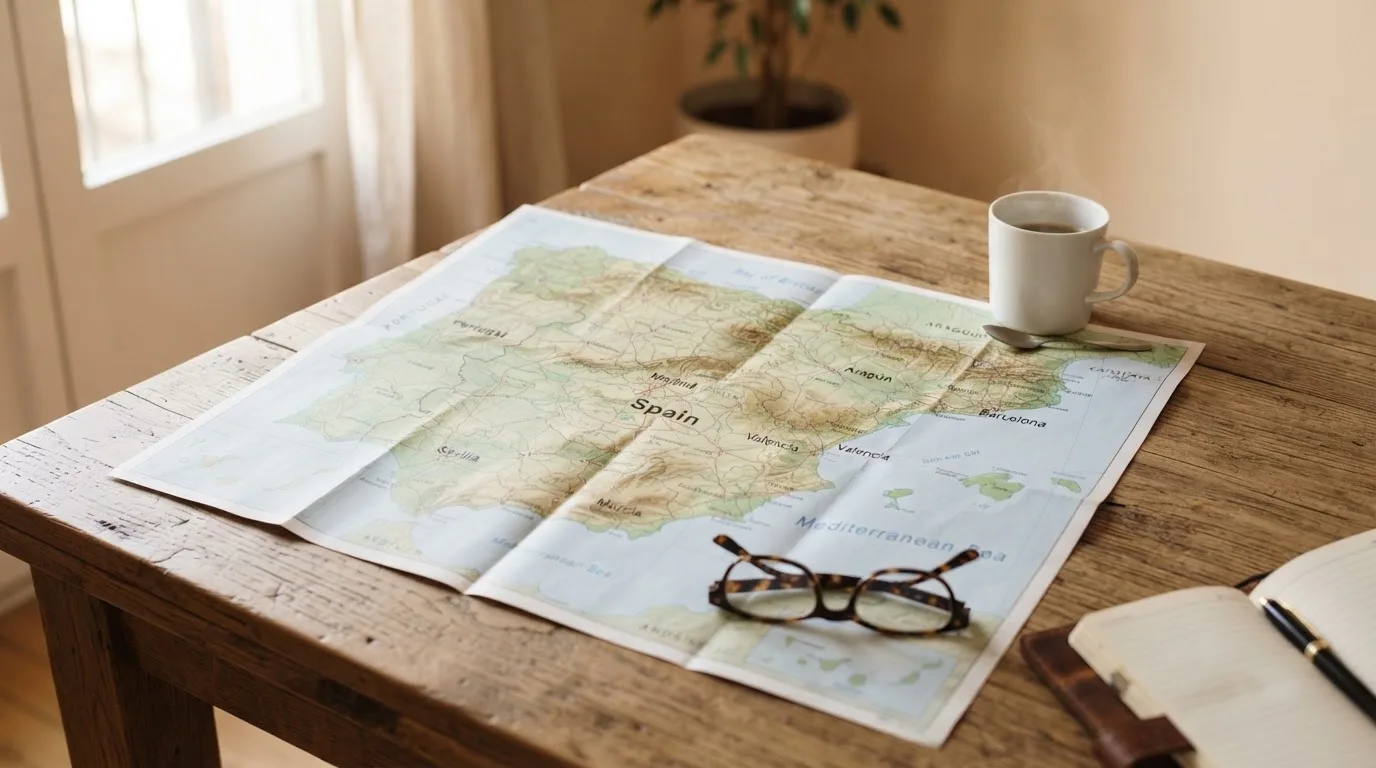 Un mapa físico de España sobre una mesa de madera junto a una taza de café y unas gafas, con luz natural entrando por una ventana.