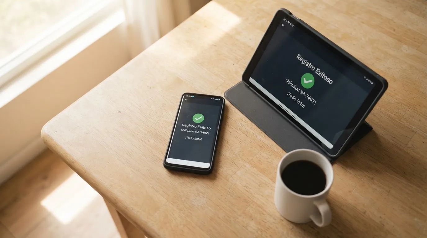 Una mano sostiene un teléfono móvil mientras otra persona mira una tableta apoyada sobre una mesa de cocina por la mañana.