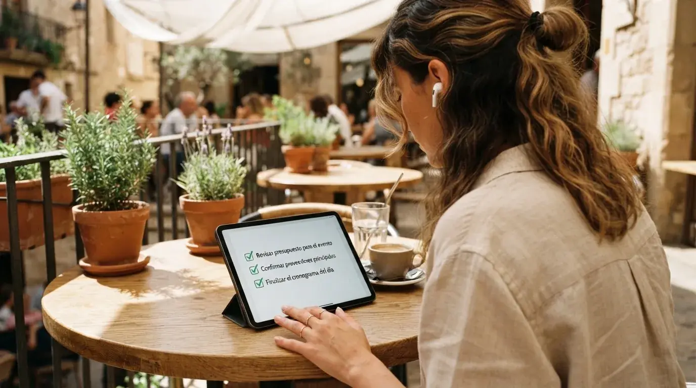 Una persona con auriculares revisa una lista en una tableta apoyada sobre una mesa de café en una terraza soleada.