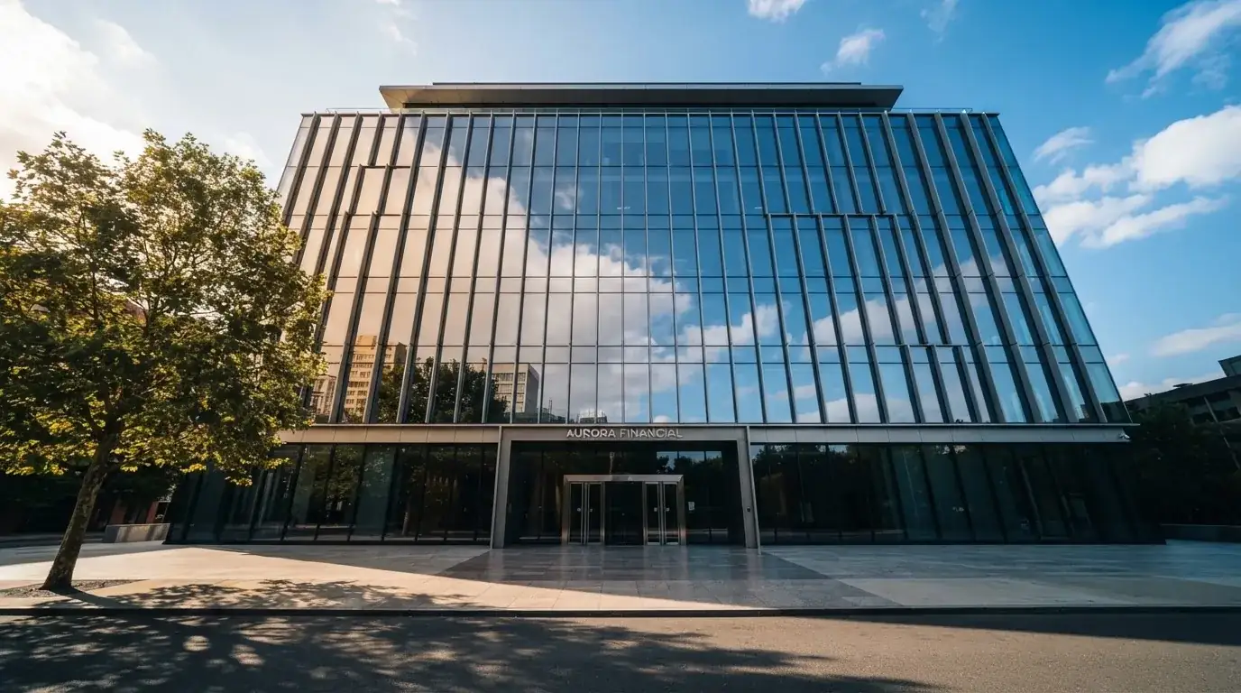 Un edificio de oficinas con fachada de cristal reflejando el cielo, fotografiado desde la acera de una calle ancha.