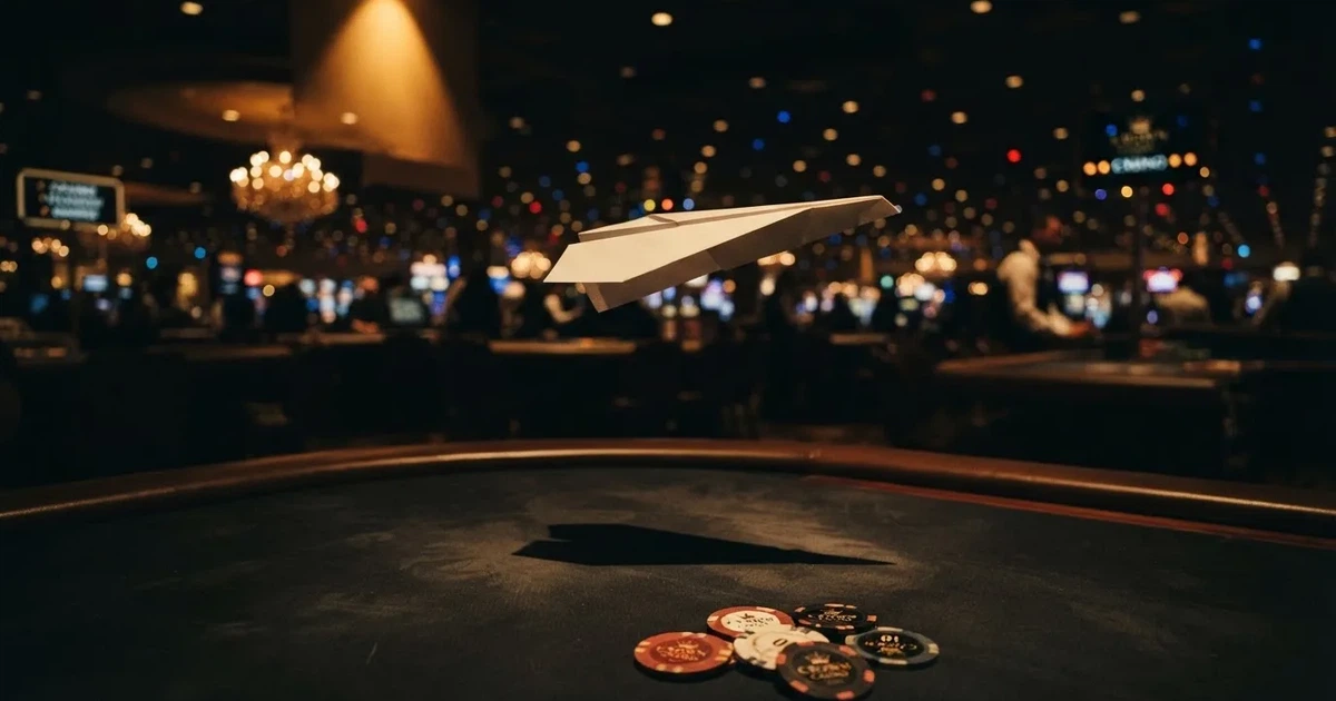 Un avión de juguete de papel sobrevuela una mesa con luces de colores desenfocadas al fondo de una sala oscura.