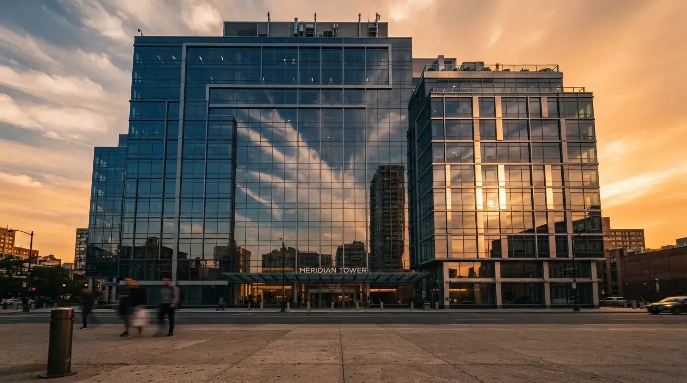 Un edificio de oficinas con fachada de cristal reflejando nubes, fotografiado desde una acera ancha por la tarde.