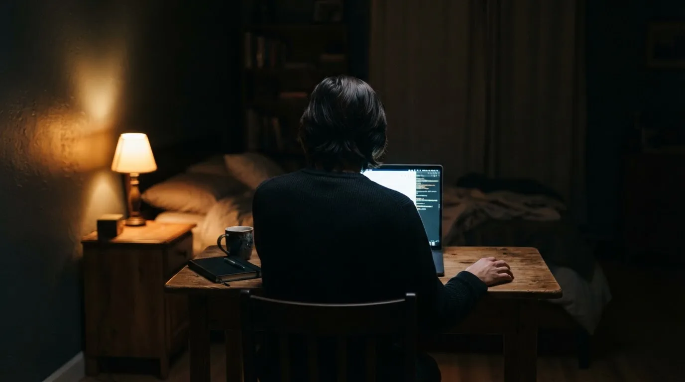 Una persona con gesto de duda mira la pantalla de un ordenador portátil en una habitación con poca luz por la noche.