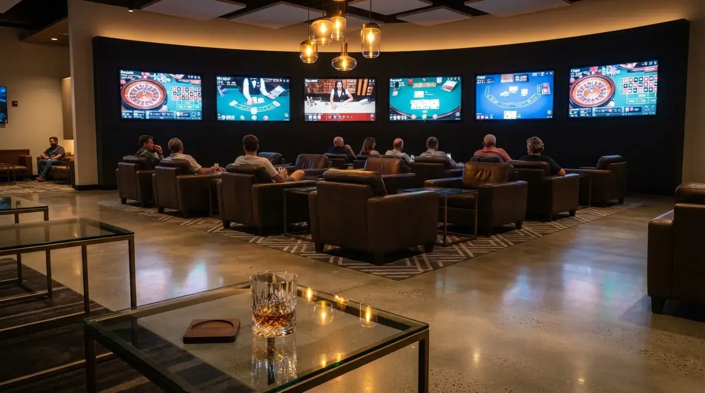 Fotografía de un salón de casino moderno con pantallas de transmisión en directo y sillones cómodos, ambiente cálido y profesional.