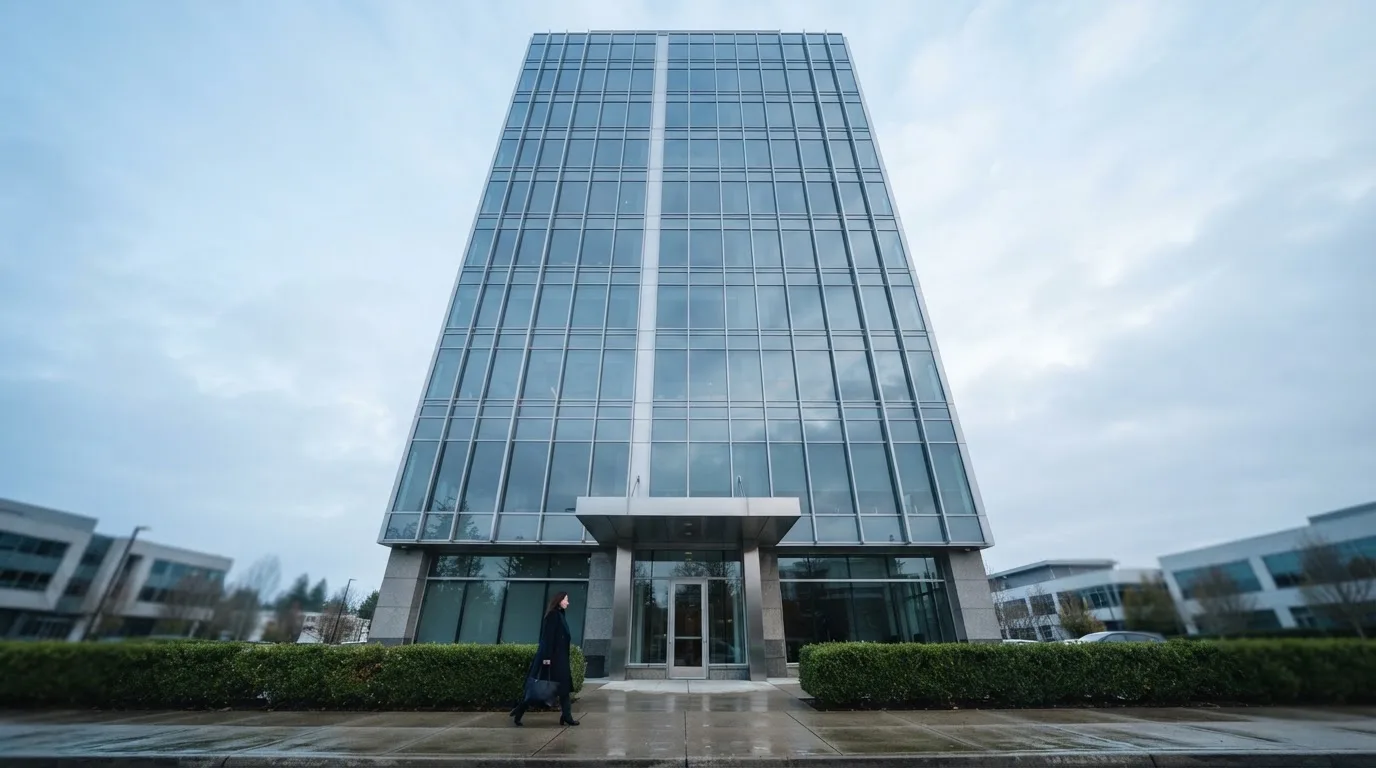Fotografía de un edificio de oficinas corporativas con fachada de cristal, simbolizando la regulación y la supervisión del sector del juego.