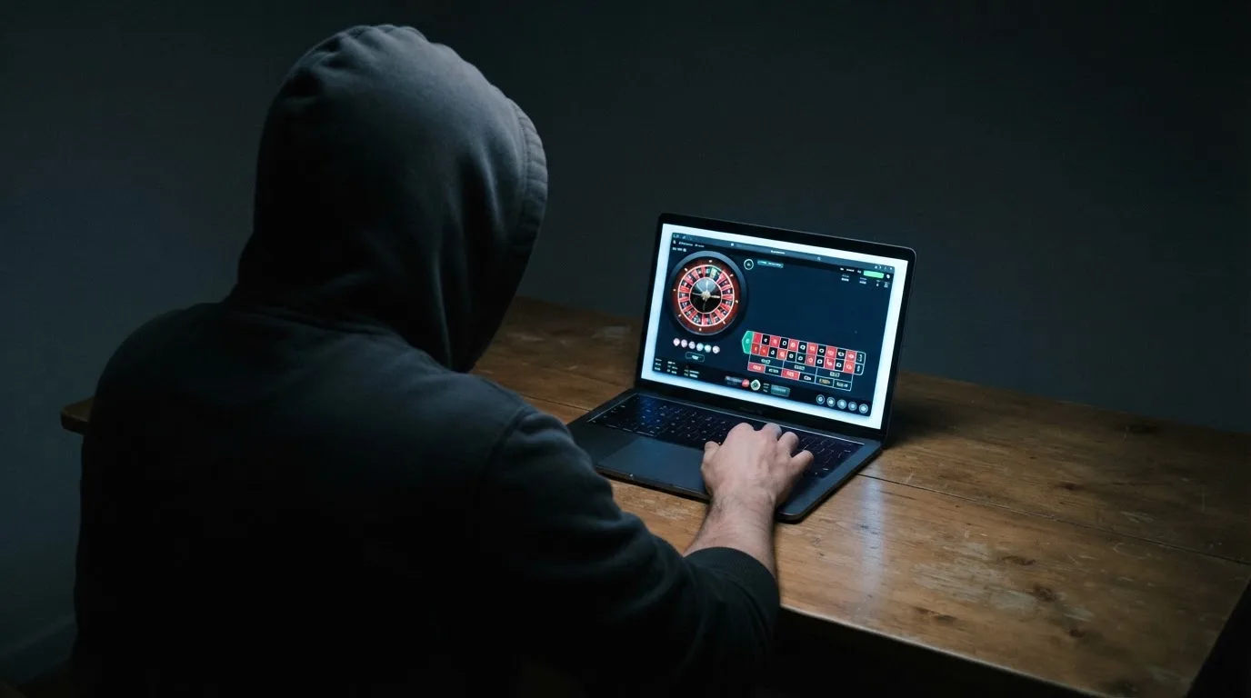 Fotografía de una persona con capucha usando un portátil en una habitación oscura, transmitiendo la idea de anonimato en línea.