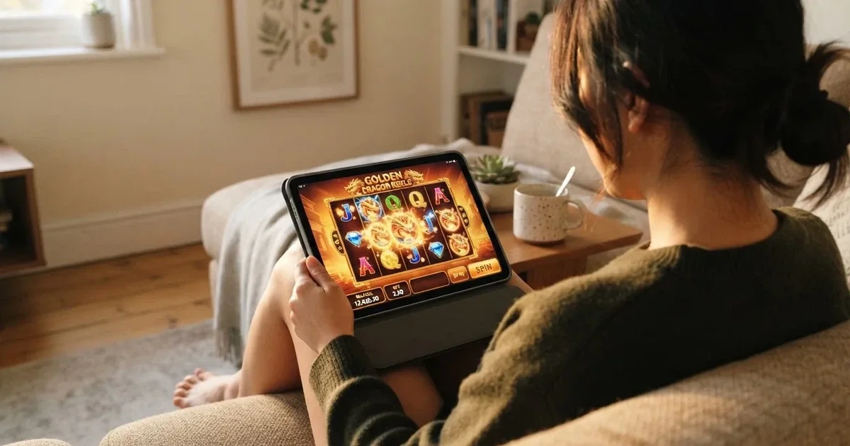 Fotografía de una persona probando un juego en la pantalla de una tableta digital sobre un sofá, ambiente relajado de tarde.