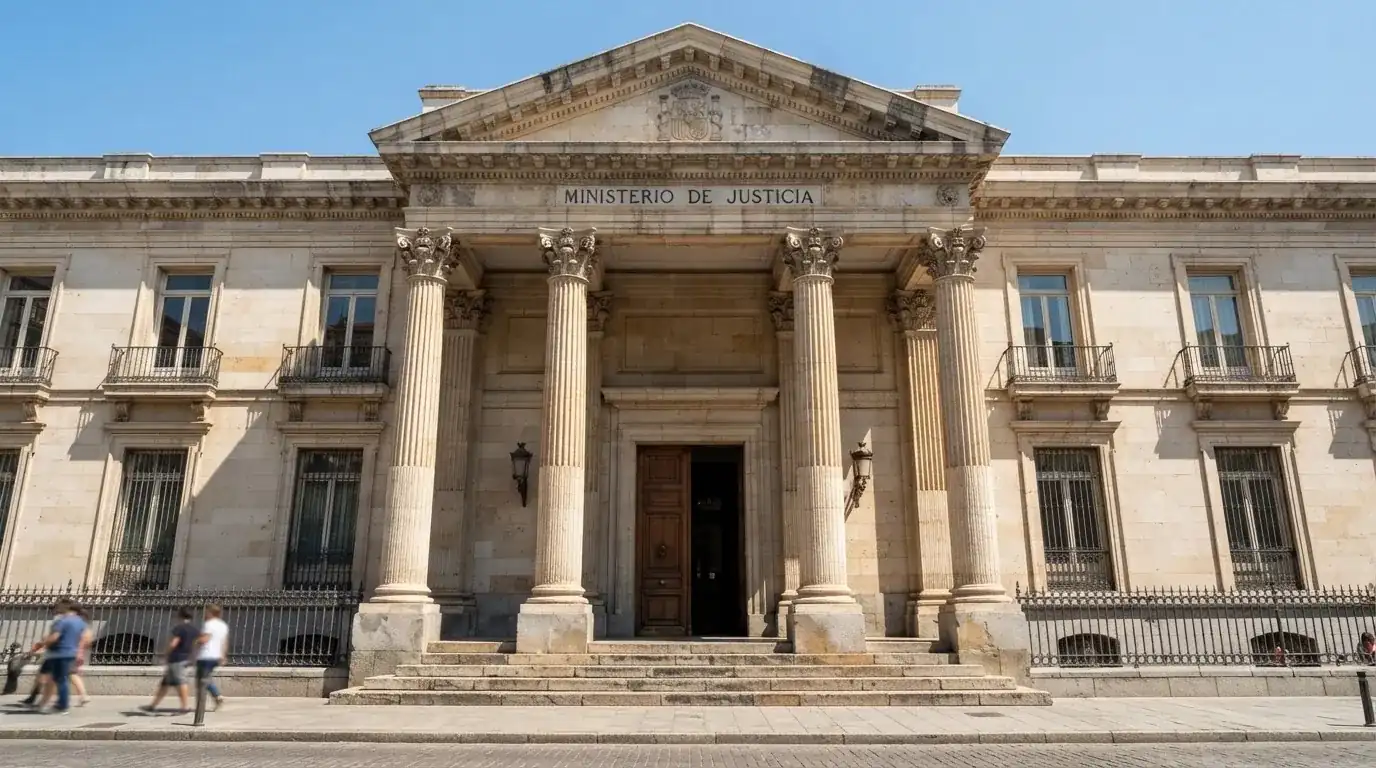 Fotografía de la fachada de un edificio institucional español con columnas clásicas bajo un cielo despejado.