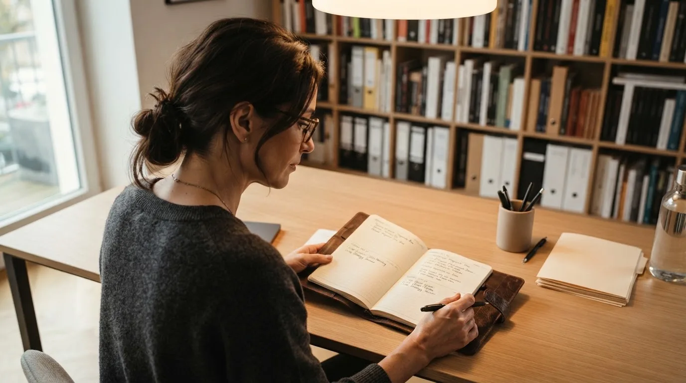 Una mujer con gafas revisa su agenda en un escritorio de oficina moderna con estanterías al fondo.