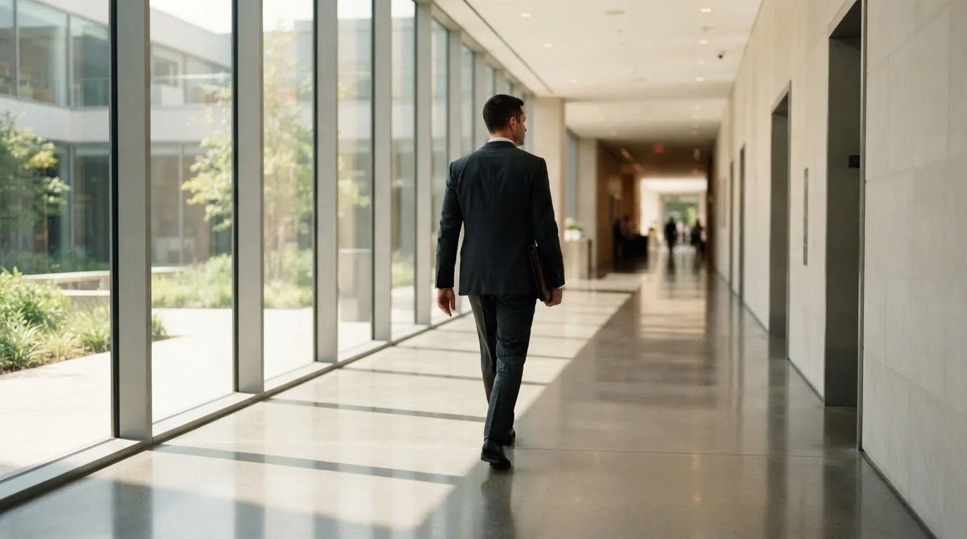 Un hombre con traje camina por el pasillo de un edificio de oficinas moderno con grandes ventanales.
