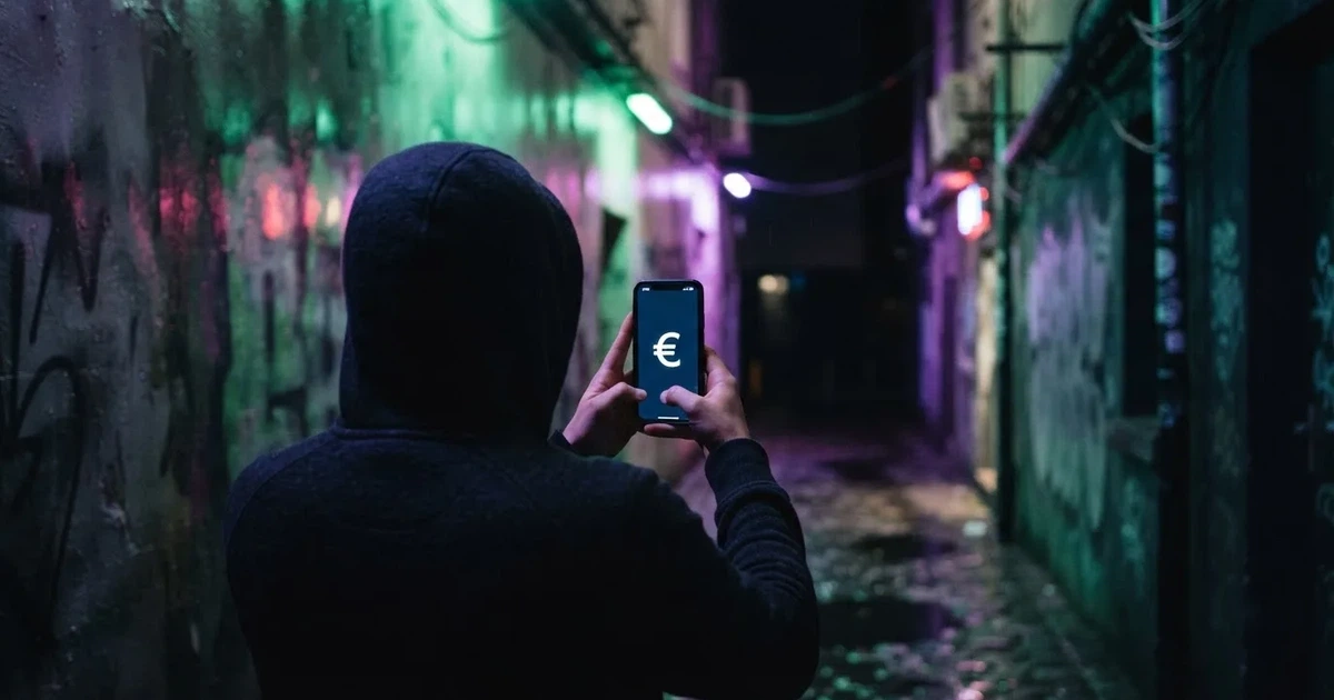 Una persona sostiene un smartphone frente a una pared con luces LED verdes y moradas, en un ambiente urbano nocturno.