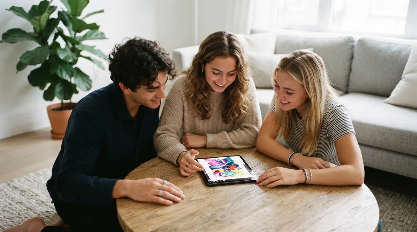 Tres amigos comparan algo en una tableta sentados alrededor de una mesa de madera en un salón moderno.
