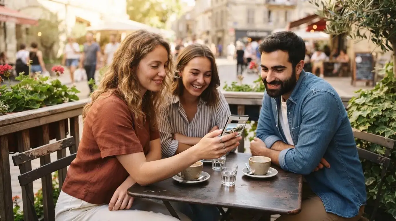 Un grupo de amigos revisa opciones en un teléfono móvil sentados en la terraza de una cafetería al aire libre.