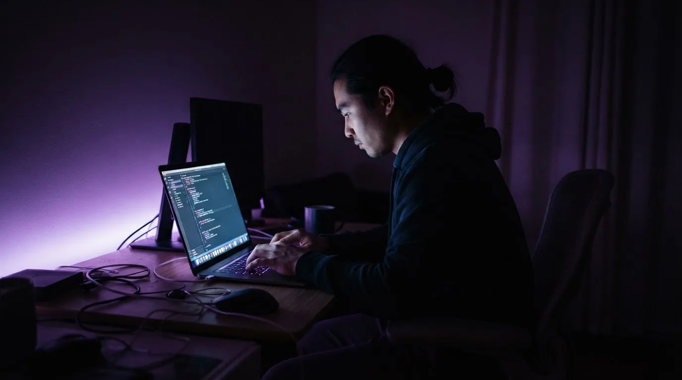 Una persona con capucha teclea en un portátil dentro de una habitación oscura iluminada con luces moradas de ambiente.