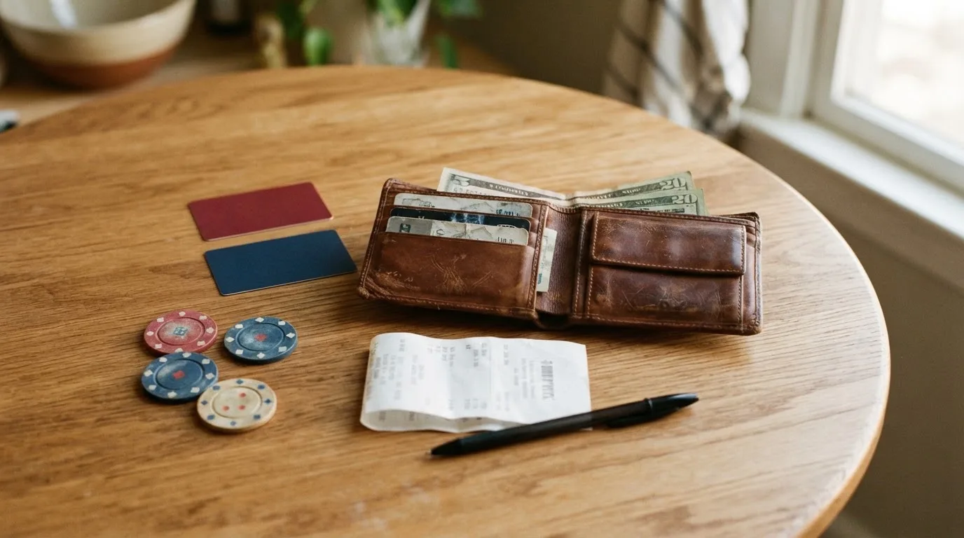 Un hombre revisa su cartera con tarjetas y monedas sobre una mesa de madera en casa.