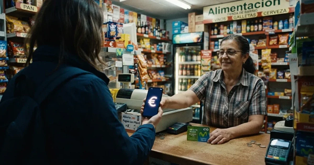 Una persona paga en efectivo en una tienda de conveniencia mientras el dependiente atiende el mostrador.