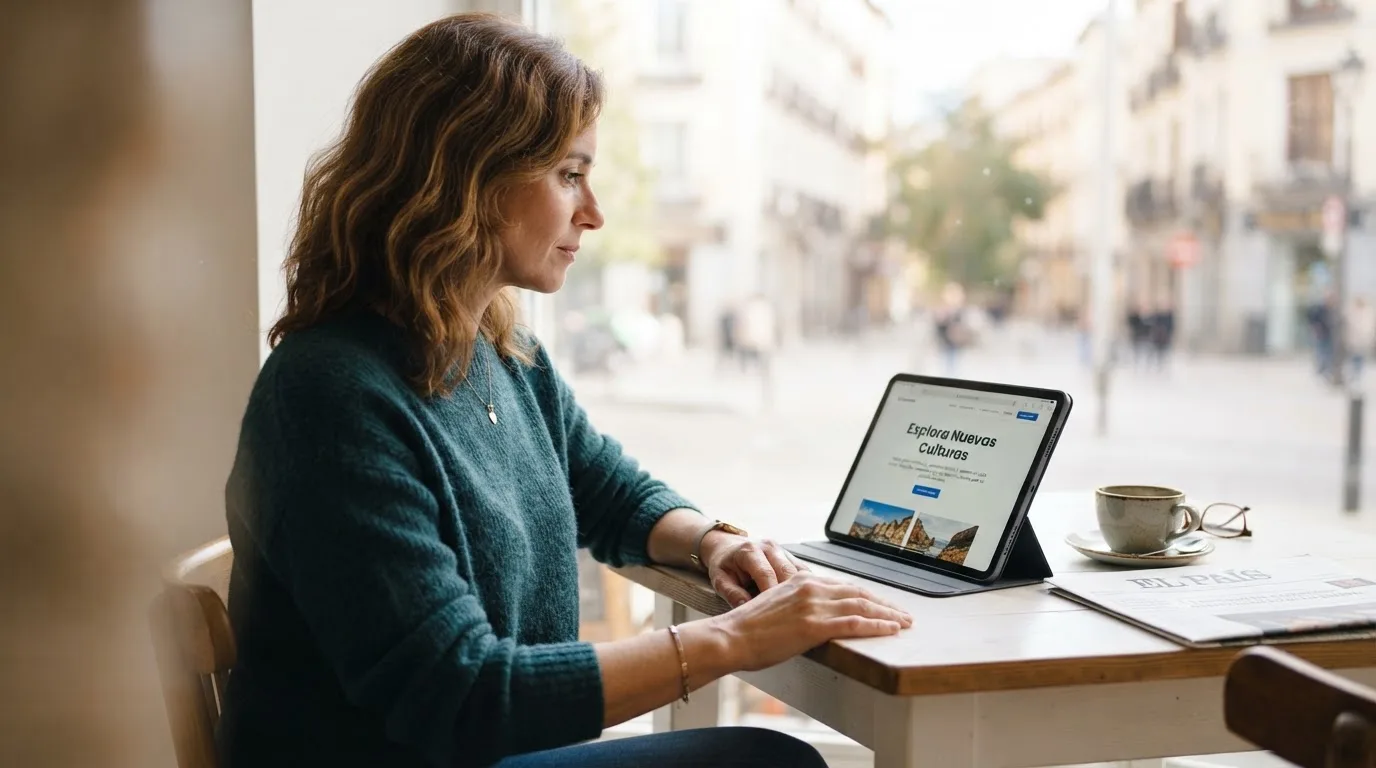 Una mujer consulta información oficial en la pantalla de su tableta, sentada junto a una ventana con luz natural.