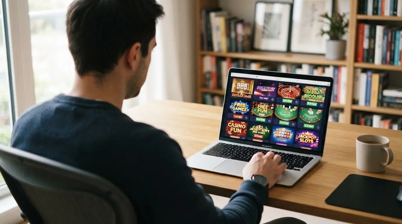 Un hombre explora distintos juegos gratuitos de casino en la pantalla de su ordenador portátil, sentado en su escritorio.