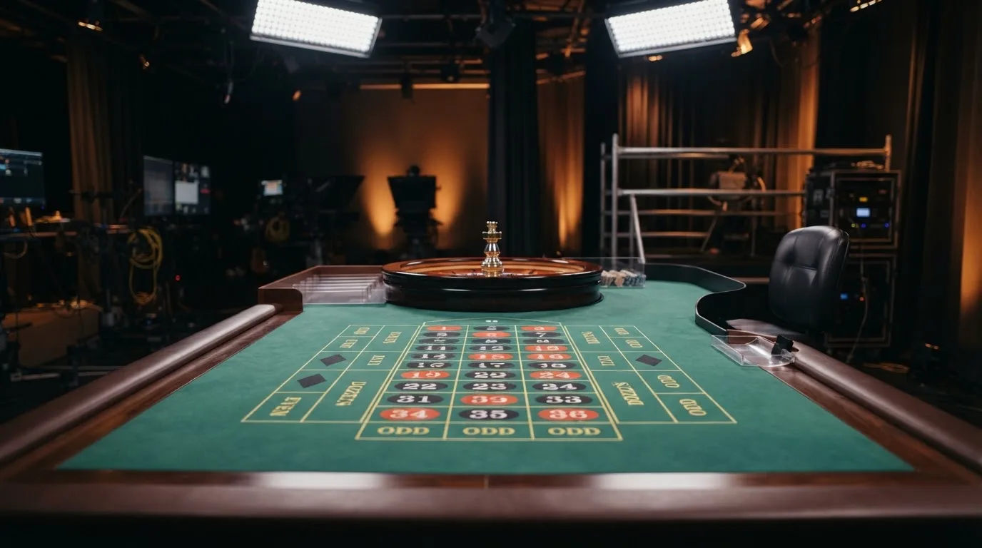 Una mesa de ruleta en vivo vacía momentos antes de empezar la retransmisión, con luces de estudio profesional encendidas.