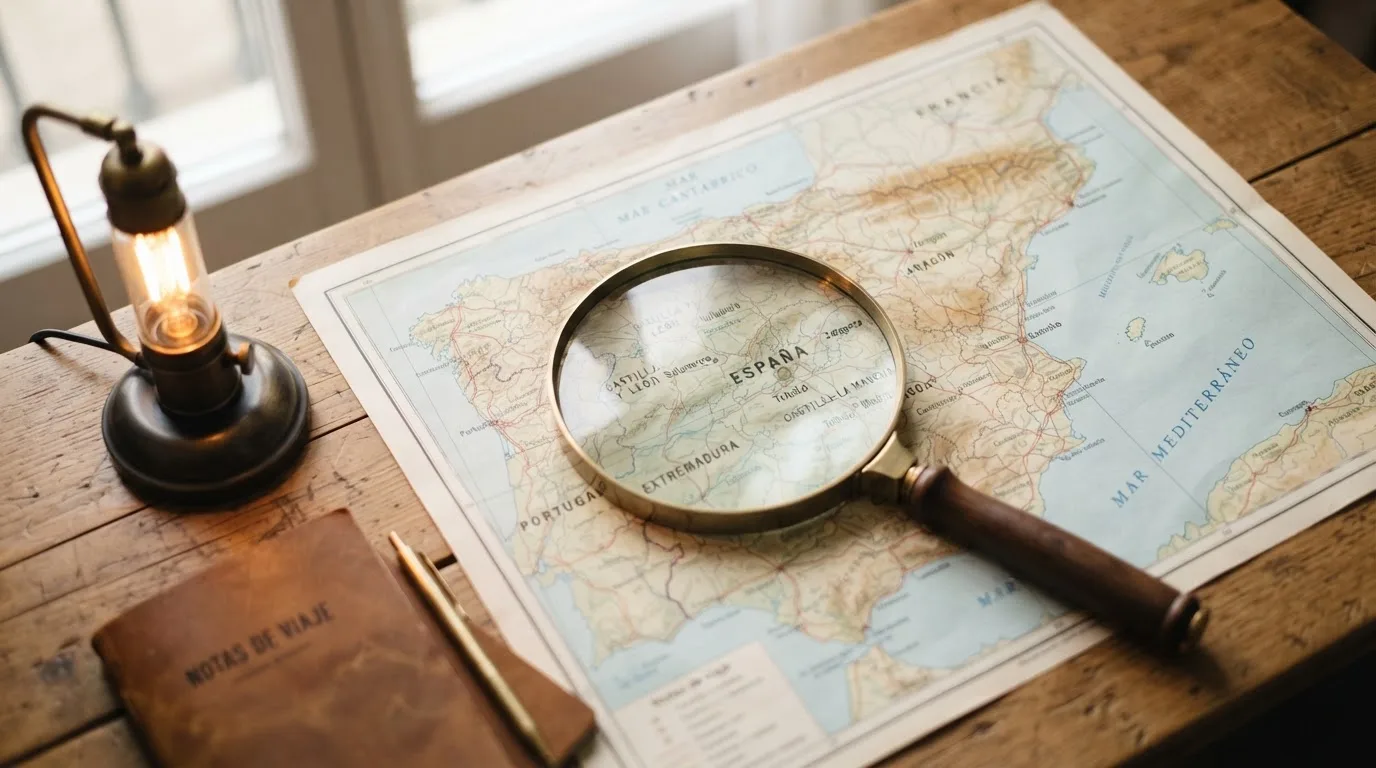 Una lupa sobre un mapa de España iluminado en un escritorio de oficina, con una ventana al fondo desenfocada.