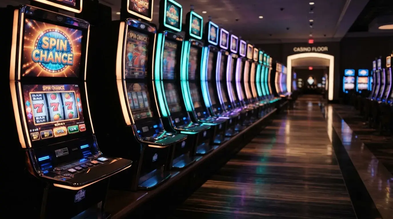 Una hilera de máquinas tragaperras modernas con luces de colores encendidas, fotografiada en un pasillo de casino vacío.