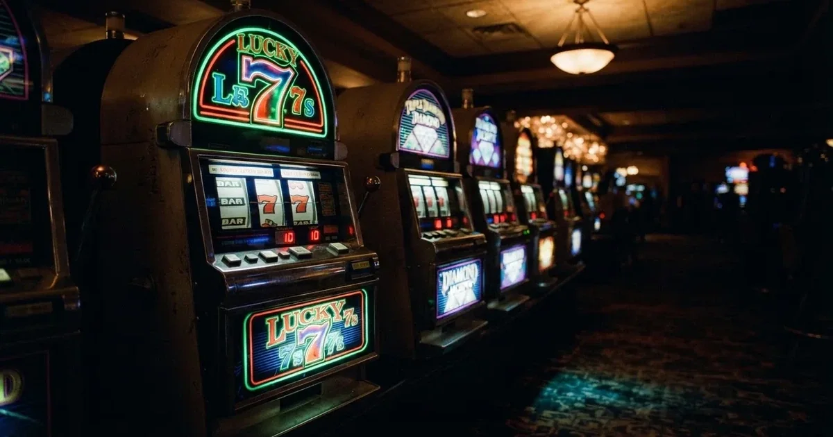 Una fila de máquinas tragaperras clásicas con luces de neón de colores en una sala de casino en penumbra.