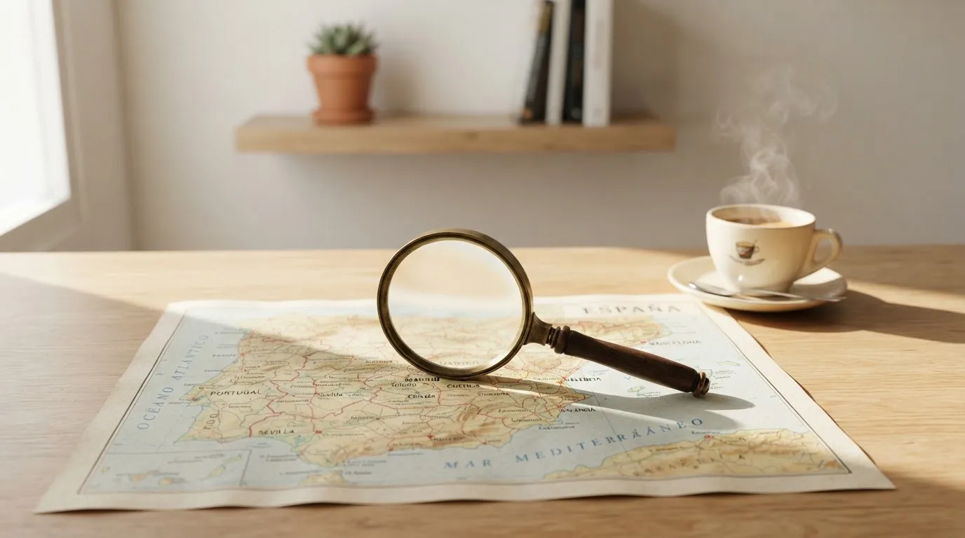 Una lupa sobre un mapa de España colocado en un escritorio de madera junto a una taza de café humeante.